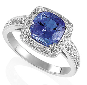 Cushion Cut Tanzanite and RBC Diamond Set Ring