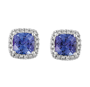 Cushion Cut Tanzanite and RBC Diamond Set Earrings - 18ct